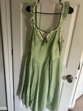 Unique Vintage Green Gingham Ruffle-Strap Sundress